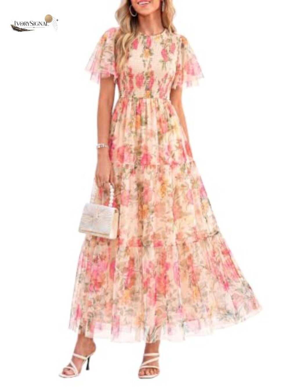 PRETTYGARDEN Women Tulle Floral Flowy Maxi Dress Flutter Sleeve Formal